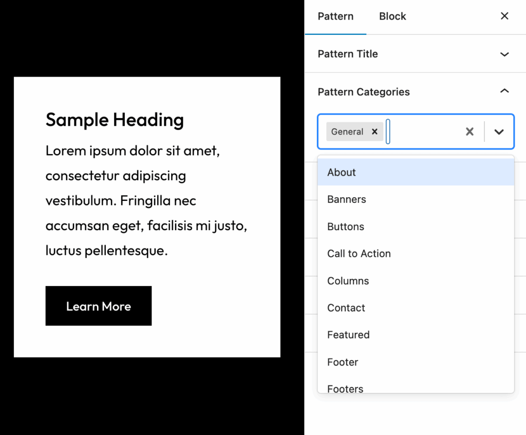 pattern manager categories option screen