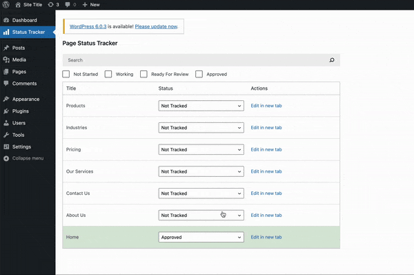 Demo of status tracking react wordpress plugin