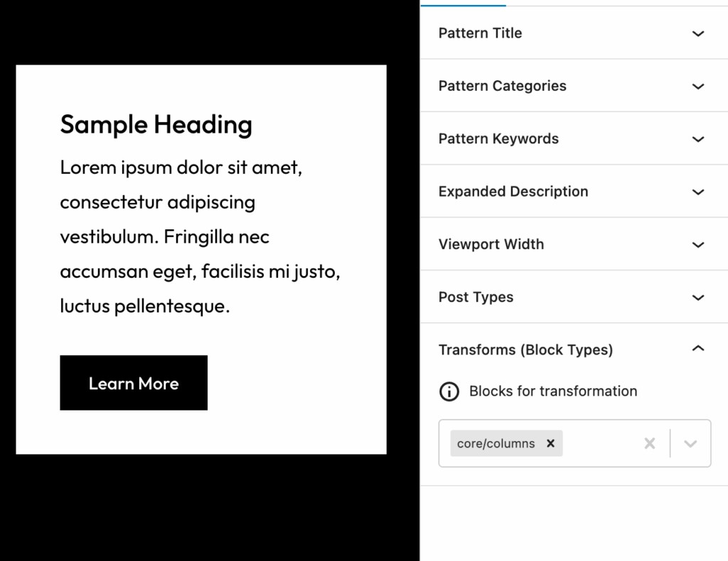pattern manager block types option screen