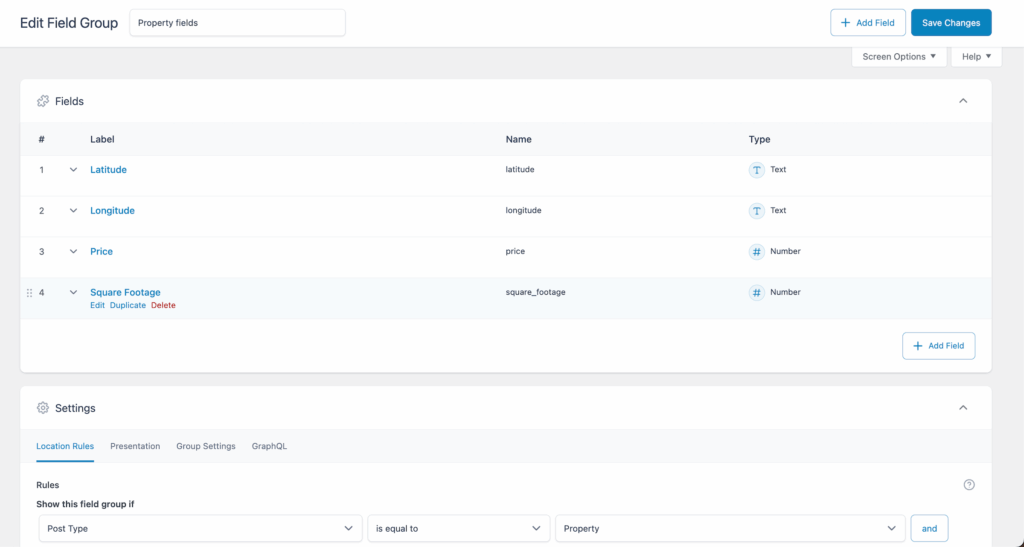 Custom fields for the property post type